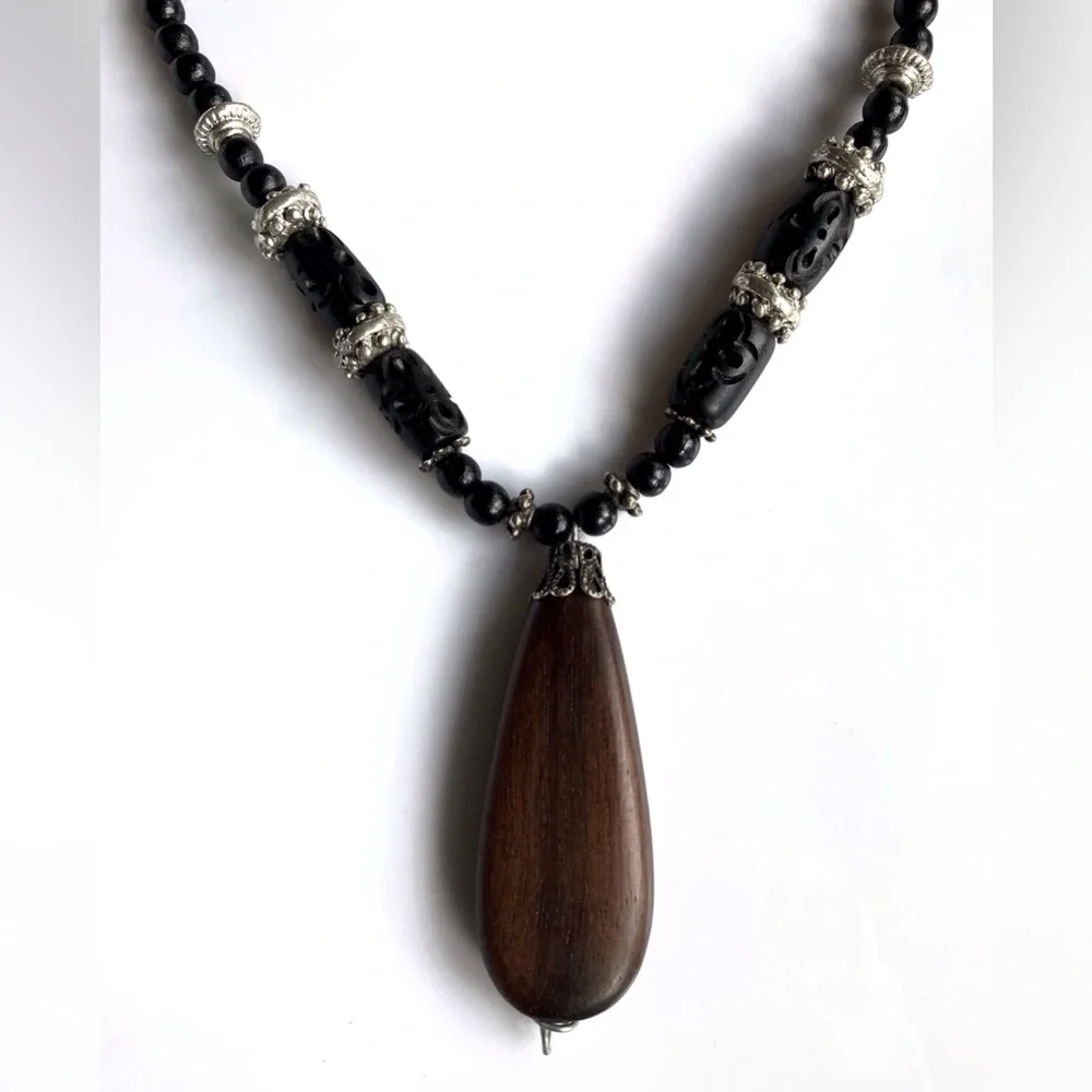 Black & Silver Tone Beads With Wood Teardrop Pendant Necklace - Picture 3 of 5